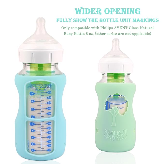 3 Pack Silicone Sleeves for Dr. Brown's Natural Glass Baby Bottles, Anti Breakage Baby Bottle Holder, Compatible Dr. Brown Wide-Neck Glass Baby Bottles 9 oz (White+Blue+Green)