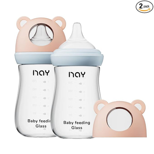 yanyoyo Natural Glass Baby Bottle for Breastfeeding Babies, 8oz Anti-Colic Baby Bottle with Natural Response Nipple(M), Clear, Wide Neck, 2 Pack, 3 Months+