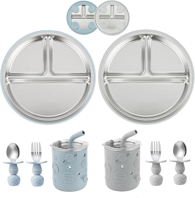 PandaEar Stainless Steel Baby Feeding Set | 2 Divided Suction Plates, 2 Spill-Proof Straw Cups with Silicone Sleeves, 2 Forks & 2 Spoons | Toddler Utensils for Baby Led Weaning, BPA-Free (Blue & Grey)