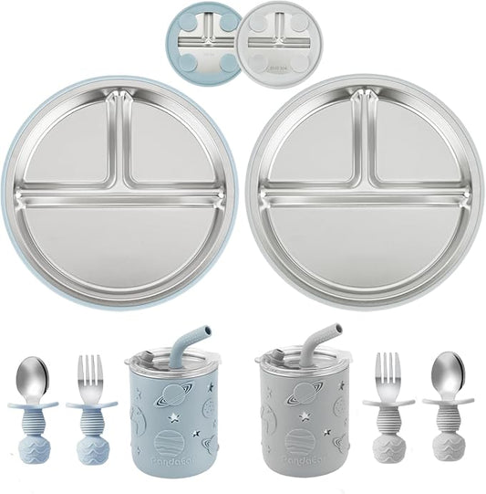 PandaEar Stainless Steel Baby Feeding Set | 2 Divided Suction Plates, 2 Spill-Proof Straw Cups with Silicone Sleeves, 2 Forks & 2 Spoons | Toddler Utensils for Baby Led Weaning, BPA-Free (Blue & Grey)