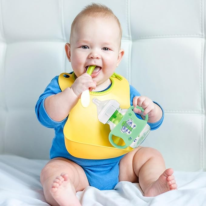 4 Pack Baby Bottle Handles, Silicone Bottle Handles for Dr Brown Wide-Neck Baby Bottles (White+Blue+Green+Grey)