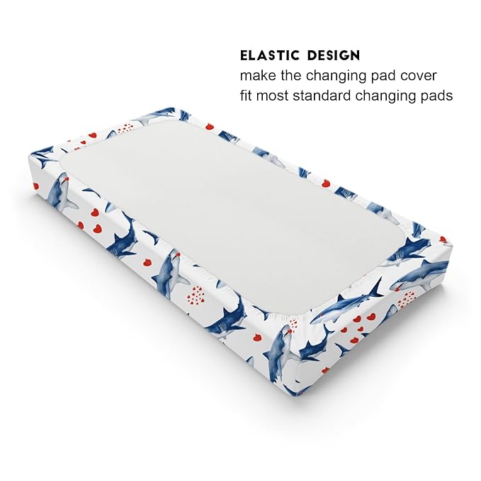 Sea Shark Hearts Changing Pad Cover Marine Ocean Animal Shark Love Baby Change Table Pad Cover for Boys Girls Soft Stretchy Fitted Diaper Changing Mat Sheets 32''x16''