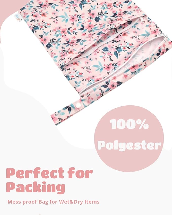 Wet Dry Bags Two Zipper Pockets Travel Beach Pool Reusable Waterproof Yoga Gym Bag for Baby Cloth Diaper Swimsuits Wet Clothes 3 Pack Flowers