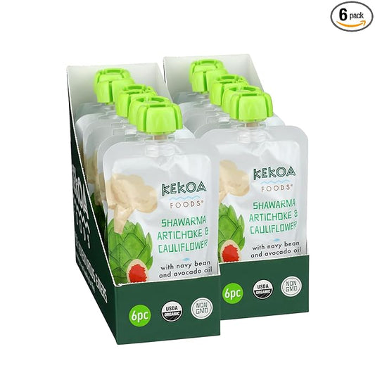 Kekoa Foods Shawarma, Artichoke & Cauliflower Baby Food Purée | 100% USDA Certified-Organic Vegetarian Squeeze Pouch | Organic, Non-GMO, Gluten-Free, Vegan | Nutritious First Food for Babies | 3.5 oz