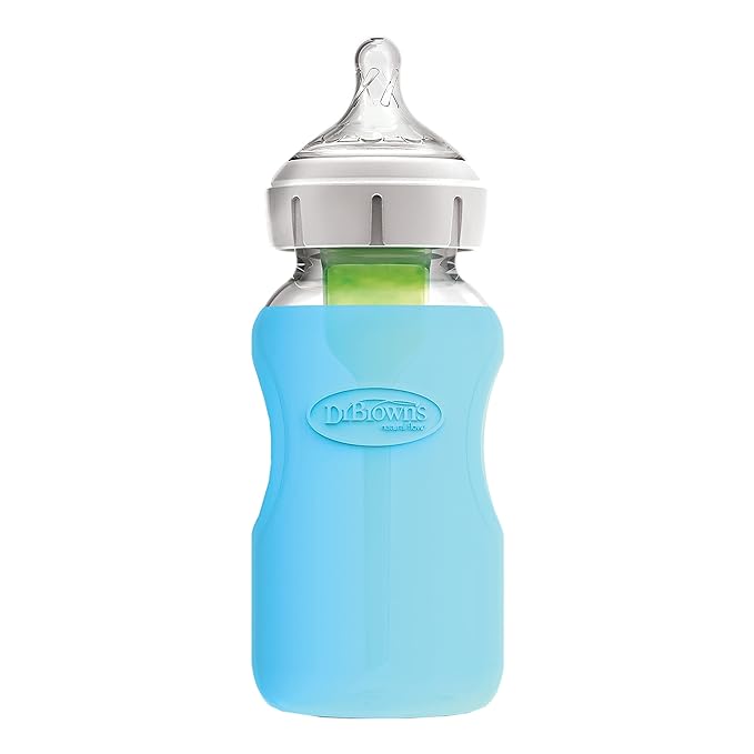 Dr. Brown's Silicone Sleeves for Options+ Glass Baby Bottles, Glow in The Dark and Blue, 9 oz, Wide-Neck, 2-Pack