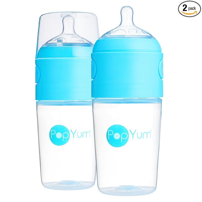 PopYum 9 oz Blue Anti-Colic Formula Making/Mixing/Dispenser Baby Bottles, 2-Pack with #2 Medium Flow Nipples, 260 ml, BPA-Free, Natural Latch