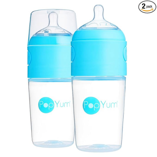 PopYum 9 oz Blue Anti-Colic Formula Making/Mixing/Dispenser Baby Bottles, 2-Pack with #2 Medium Flow Nipples, 260 ml, BPA-Free, Natural Latch