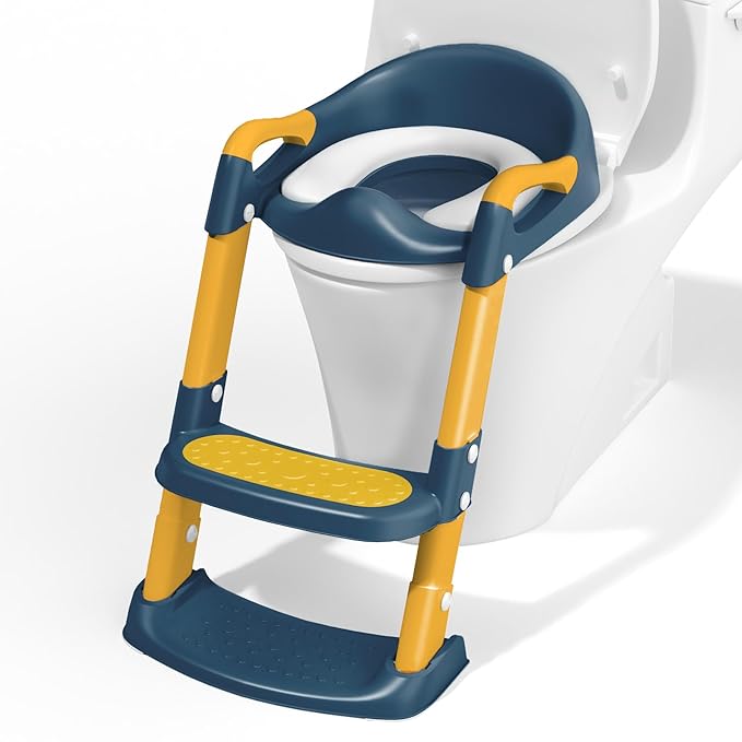 COOSEYA Potty Training Toilet with Step Stool Ladder, Toddler Kids Potty Training Seat for Boys Girls, Foldable Anti-Slip Toilet Toddler Seat Splash Guard Soft Cushion Safety Handles (Blue Yellow)