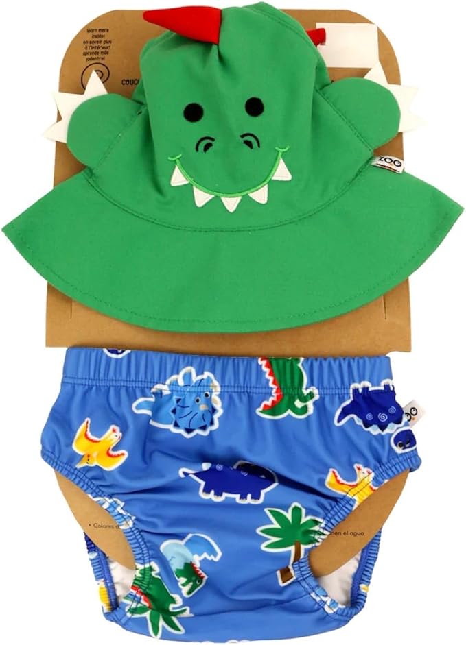 ZOOCCHINI Baby/Toddler Swim Diaper & Sun Hat Set, 6-12 Months, Devin the Dino & Friends