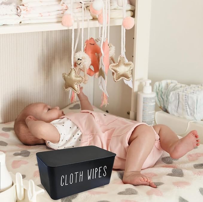 Cloth Wipes Dispenser, 8.2L x 4.9W x 3.9H inches, Cloth Baby Diaper Wipes Container for Homemade Reuseable Baby Essential, Black
