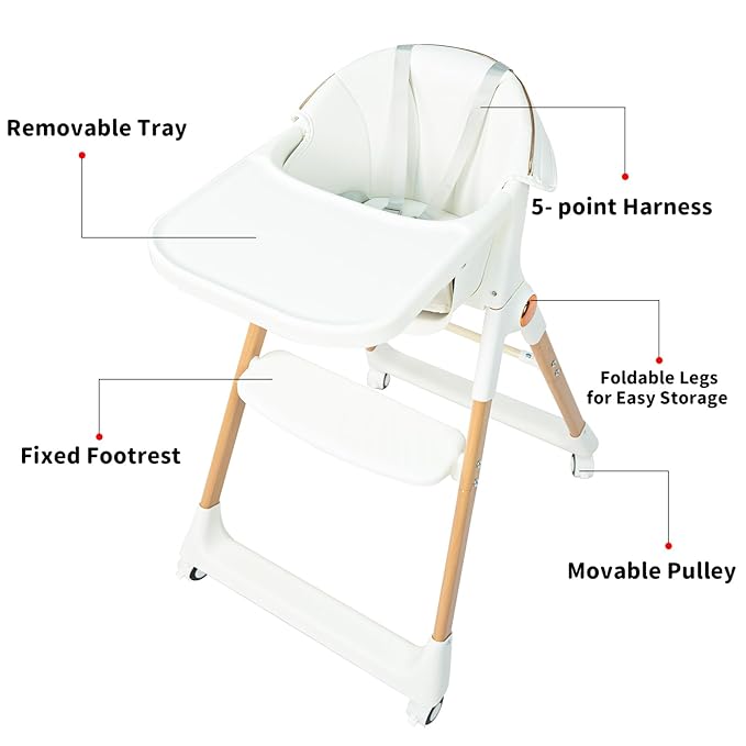 Baby High Chair for Toddler, Foldable High Chair for Dining Table Highchair with 5 Point Harness Seat Removable Adjustable Tray Portable Baby Dinning Chair with Lockable Wheels Easy to Clean Surface