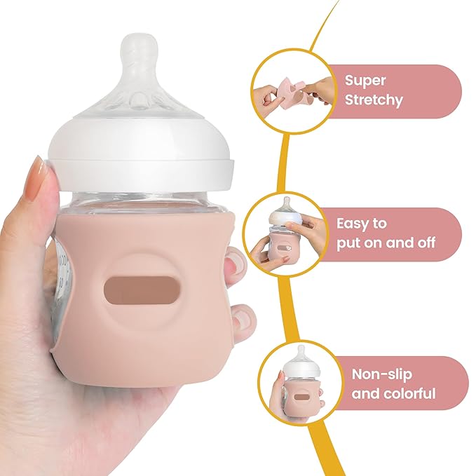 4 Pack Silicone Sleeves for Philips Avent Natural Glass Baby Bottles, Food Grade Silicone Cover and 4pcs Travel Caps, Lids Replacement (4Pink, 4oz)