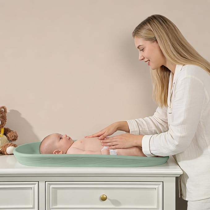 Baby Changing Pad Waterproof in EVA Foam, Baby Changing Mat Wipeable Baby Changing Table Pad, Adjustable Safety Belt & Non-Slip Base, for Diaper Changes & Massage, Fits Dresser/Changing Table - Sage