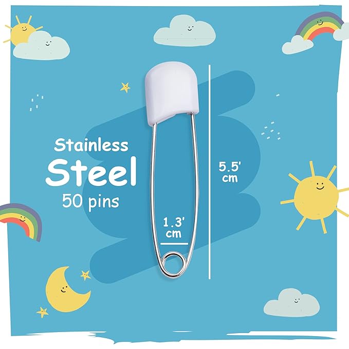 50 PCS Diaper Pins - Stainless Steel Pins with Plastic Safety Lock, Large Nappy Pins with Colorful Plastic Heads, 5.5cm x 1.1cm - Safety Pins for Baby Cloth Diapers