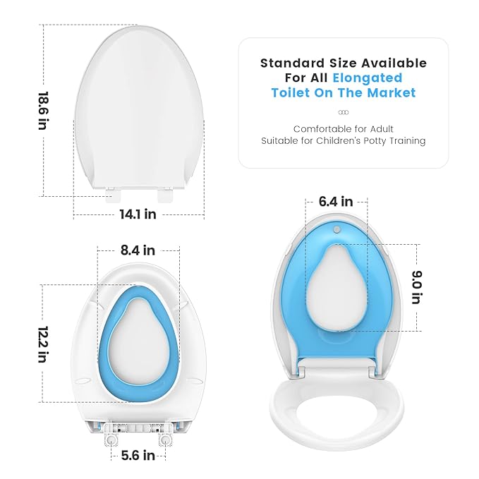 YASFEL Toddler Toilet Seat, Potty Training Toilet Seat for Toddlers, Kids & Adults Plastic Toilet Seats Elongated Slow Close with Magnets(Blue White, 18.5”)