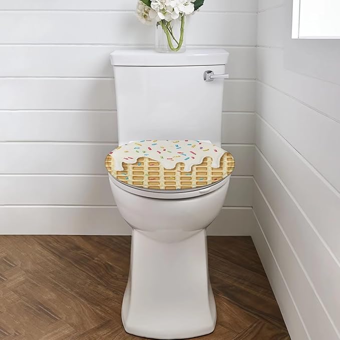 Bathroom Toilet Lid Seat Toilet Protector Dust Cover Soft Flannel Fabric Toilet Seat Cover Covers Stains, Stays Clean, Easy To Install Ice Cream Waffle Design Toilet Covers