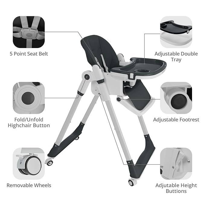 Sunchild 3-in-1 Baby High Chair with Wheels, 5-Point Harness, Tray, Footrest, and Backrest, Foldable and Adjustable for Toddlers 6-36 Months, Black