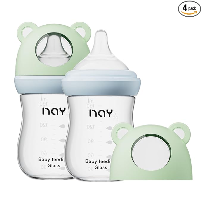 yanyoyo Natural Glass Baby Bottle for Breastfeeding Babies, 5.4oz Anti-Colic Baby Bottle with Natural Response Nipple(S), Clear, Wide Neck, 2 Pack, 1 Months+