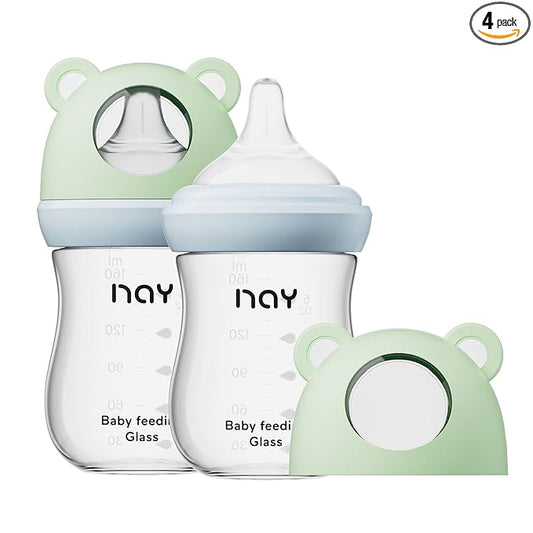 yanyoyo Natural Glass Baby Bottle for Breastfeeding Babies, 5.4oz Anti-Colic Baby Bottle with Natural Response Nipple(S), Clear, Wide Neck, 2 Pack, 1 Months+