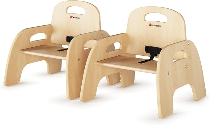 Foundations Simple Sitter 7” Low Wood Feeding Chairs, Wide No-Tip Base, Adjustable Safety Harness, Stackable Wood Toddler Chairs with Wipeable Finish, 2 Pack