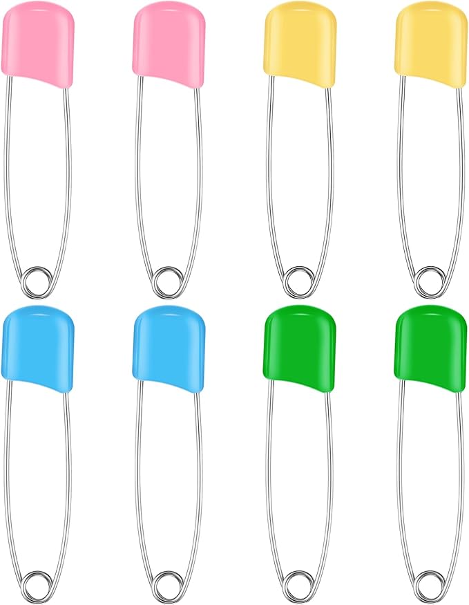 WILLBOND 8 Pcs Safety Pins 2.2 Inch Plastic Head Cloth Pins with Locking Closures Stainless Steel with Velvet Bag, Four Colors