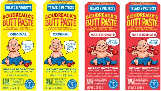 Boudreaux’s Butt Paste Diaper Rash Ointment, Baby Rash Cream Skin Protectant, Fast Relief, Soothing Barrier Cream, Original, Maximum Strength, 2 Ounce Tube (Variety Pack of 4)
