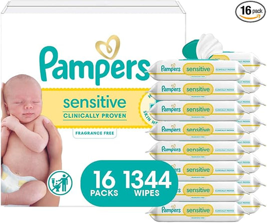 Pampers Sensitive Baby Wipes, Water Based, Clinically Proven, Hypoallergenic, and Unscented for Babies, 1344 Wipes Total (16 Flip-Top Packs) [Packaging May Vary]