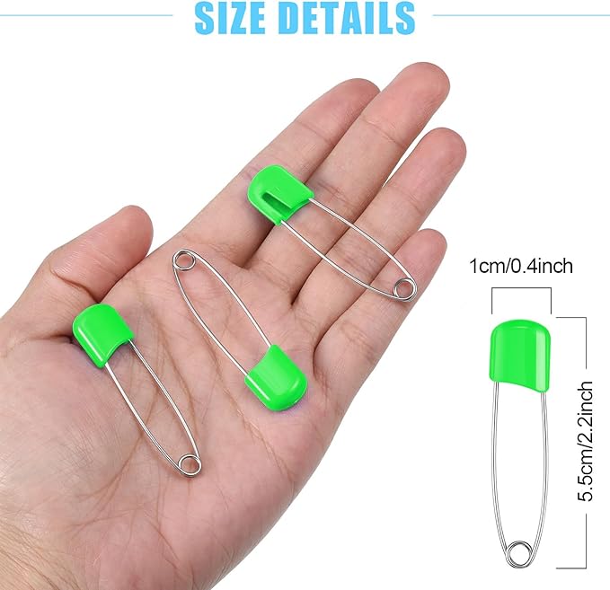WILLBOND 50 Pieces Diaper Pins Safety 2.2 Inch Plastic Head Cloth Diaper Nappy Pins with Locking Closures Stainless Steel with Velvet Bag (Green)