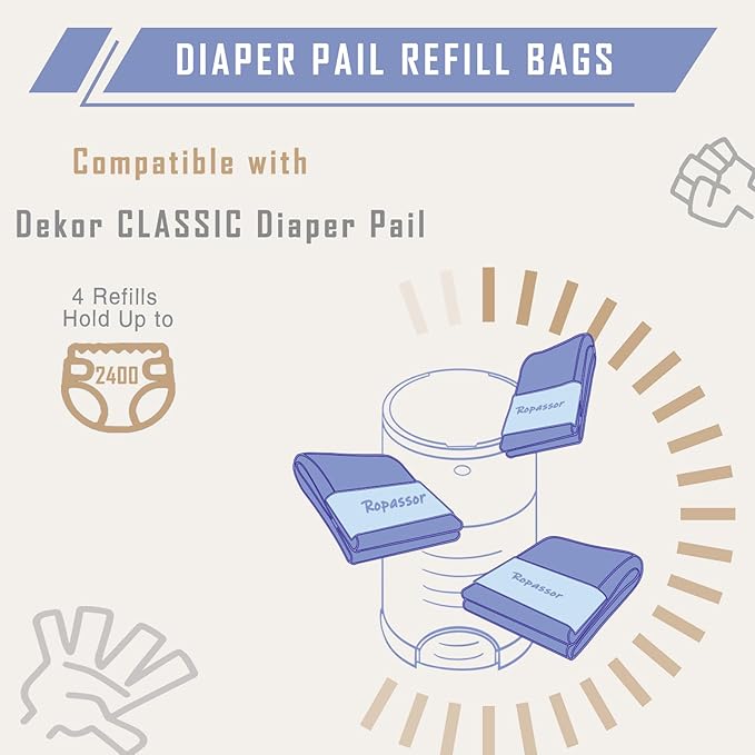 Diaper Pail Refill Bags for Dekor Plus Diaper Pail (2400 count) 4 Packs, 7-Layer Odor-Absorbing, 30% Extra Thickness, Disposable Diaper Trash Bags, Baby essentials