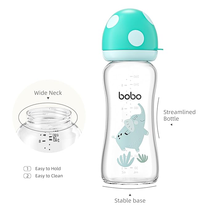 YOHKOH Natural Glass Baby Bottle with Level 2 Medium Flow Nipple, Newborn Anti-Colic Baby Bottles, Wide Neck Mushroom Baby Glass Bottle (8.8ounce (Pack of 2), Blue2)