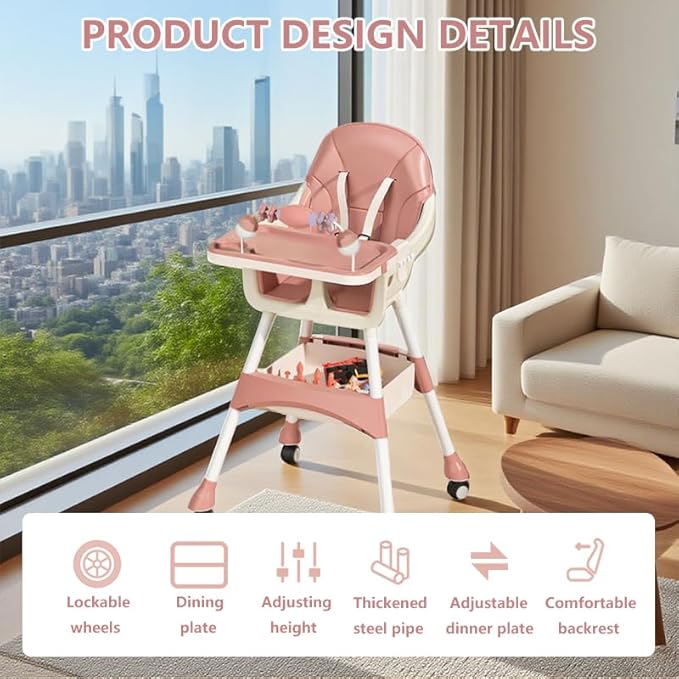 Portable High Chair,High Chairs for Babies and Toddlers,Multi-Use Easy Clean Baby High Chair with Lock Wheels, Comfortable Feeding and Place The Toy Storage Basket uuu
