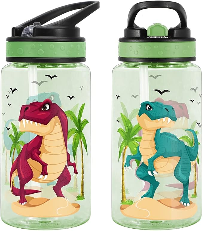 15oz Water Bottle for Kids Girls Boys School, BPA Free, Leak Proof Flip Straw, Carry Loop, Easy Clean - Dinosaur