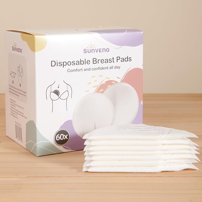 SUNVENO Disposable Nursing Pads, 60 Count, Ultra-Thin Breast Pads with Leak-Lock Protection, Breathable & Soft, 2 Adhesive Strips, Individually Wrapped for Day & Night