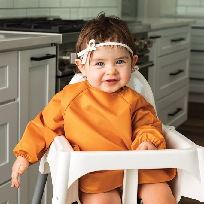 Tiny Twinkle Long Sleeve Bib for Babies & Toddlers | 2-Pack Waterproof Smock Bib for Eating | Machine Washable & Mess-Proof Feeding Essentials | Newborn Shower Gift (Sand Cinnamon,6–24M)