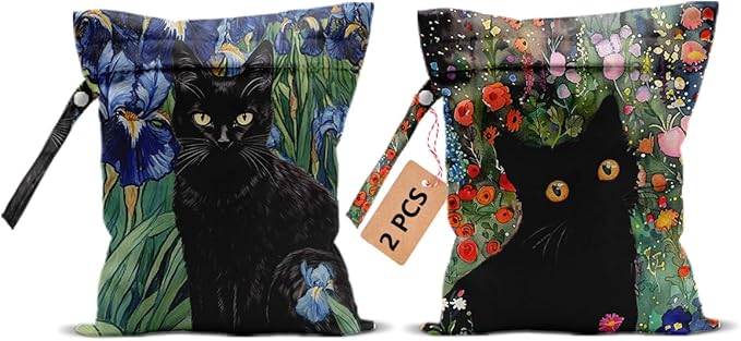 2Pcs Cat Wet Bags 12x10 Inch, Flowers Waterproof Travel Laundry Bags, Colorful Floral Reusable Wet Dry Bag for Swimsuit Beach Diapers Dirty Yoga Gym Clothes, Cat Gifts for Women Friend Travelers