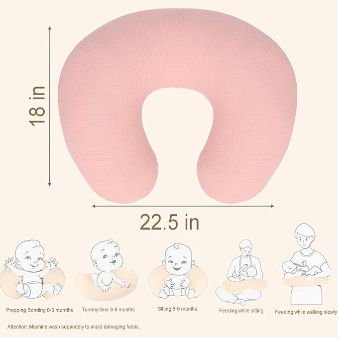 Nursing Pillow Cover - 2-Pack Muslin Cotton Removable Covers for Breastfeeding Pillows, Ultra-Soft Baby Feeding Pillowcase for Newborns, Fits 22.5"x18" Pillows (Pink & Cream)