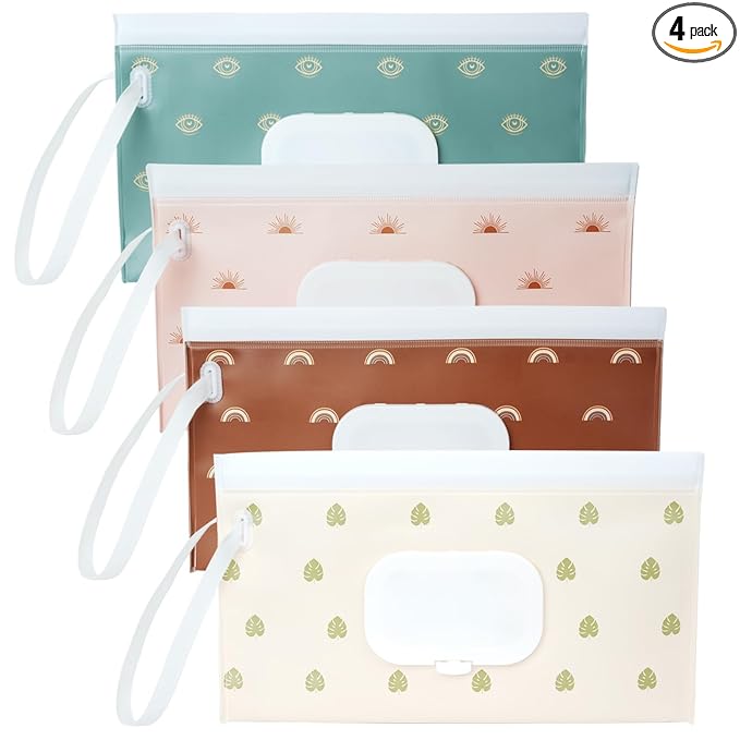 4 Pack Wipes Dispenser, ON The GO, Seposeve Portable Baby Wipe Case, Refillable Baby Wipes Container, Wipe Holder, Keeps Wipes Fresh, Reusable Wet Wipe Pouch for Outdoor Outing, Camping, Hiking.
