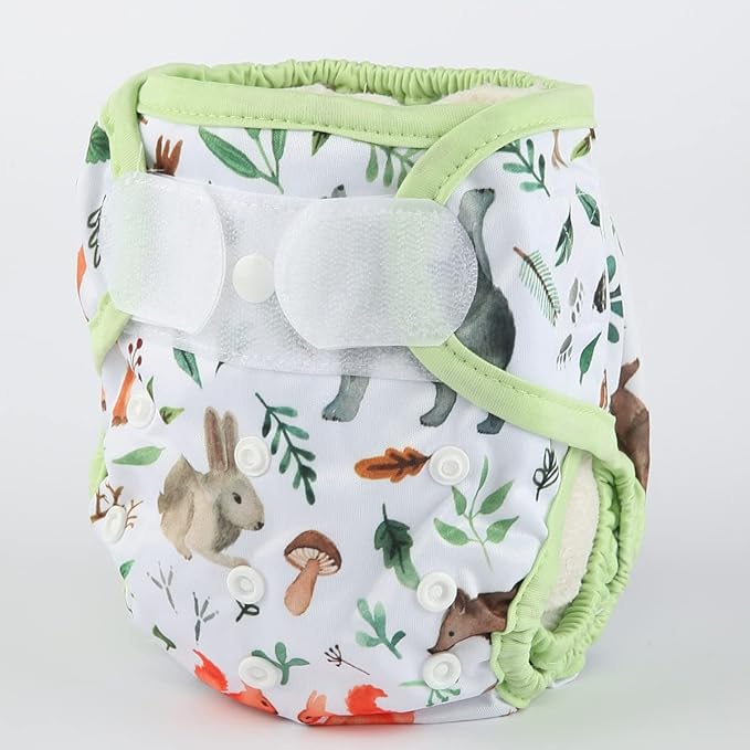 Baby Cloth Diaper Cover Nappy Hook and Loop Double Gusset 6.6lbs to 33lbs (Rabbits Wolves)
