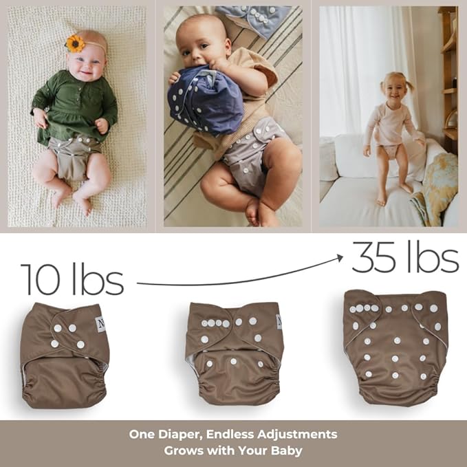 Nora's Nursery Morning Dew Cloth Diapers 7 Pack with 7 Inserts & 1 Wet Bag - Waterproof Cover, Washable, Reusable & One Size Adjustable Pocket Diapers for Newborns and Toddlers - Sage and Sea