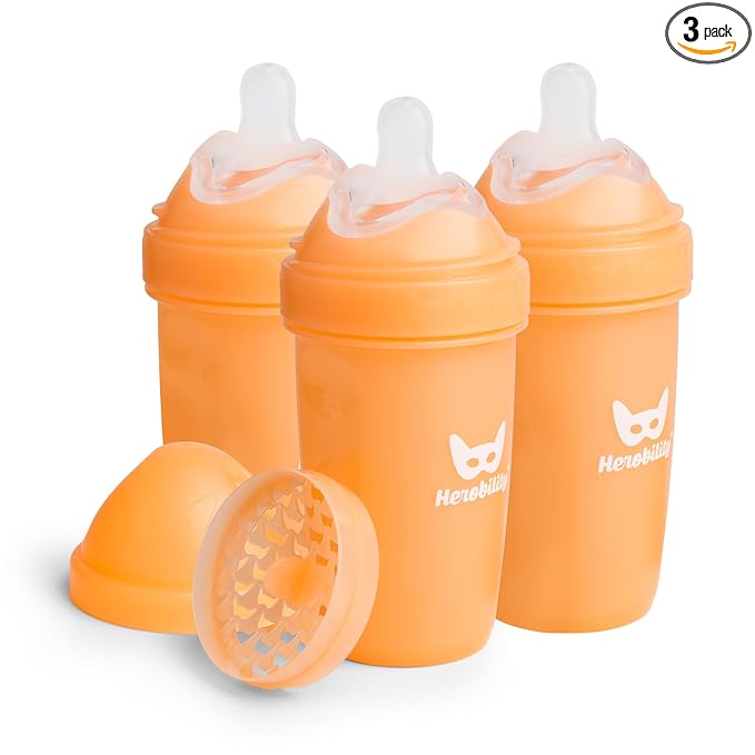 Herobility Anti-Colic Baby Bottles 8.5 fl oz/240ml - Pack of 3 Plastic Baby Bottles, Medium Flow Plastic Bottles, Breast-Shaped Teat for Breastfed Babies, Small Baby Bottles, Swedish Design, Peach