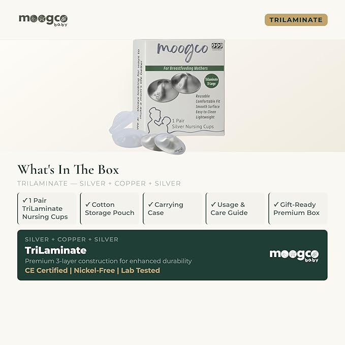 MOOGCO The Original Silver Nursing Cups - Nipple Shields for Breastfeeding Newborn - Breastfeeding Essentials - 999k Tri-Laminate Silver for Larger Sizes (X-Large, Set of 2)