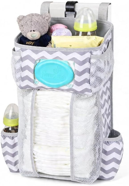Hanging Diaper Caddy Organizer for Crib, Baby Diaper Holder with 3 Compartments, Water-Resistant Nursery Storage Bag for Changing Table, Playard, Wall, Ripple Grey