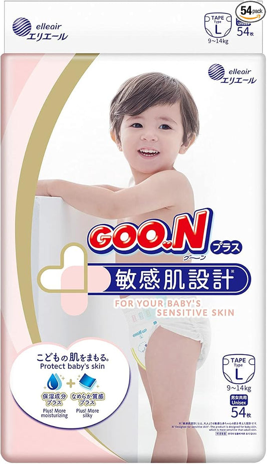 GOO.N Plus+ Diapers L Size (up to 31 lb) Unisex 54 Count Japanese Tape Straps Sensitive Skin, Made in Japan