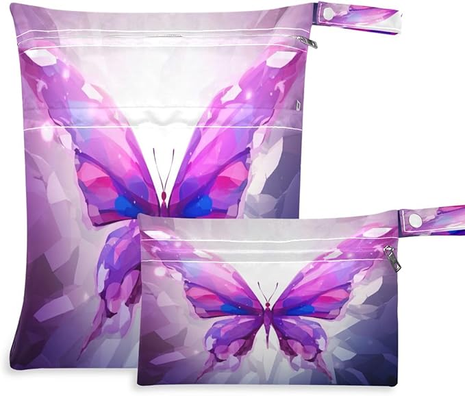 Blueangle Reusable Wet Dry Bag for Cloth Diapers & Swimsuits | Waterproof Travel Wet Bag with Purple Butterfly Design | 2-Pack Leakproof Storage for Beach Toiletries, Wet Clothes