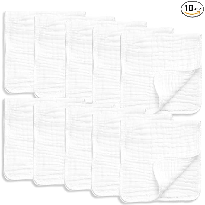 AllSett Health 10 Pack Muslin Burp Cloths Large 20" by 10" 100% Cotton, Hand Wash Cloth 6 Layers Extra Absorbent and Soft White