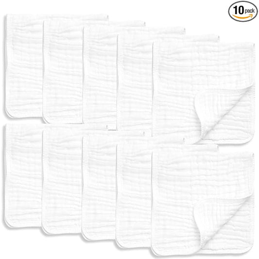 AllSett Health 10 Pack Muslin Burp Cloths Large 20" by 10" 100% Cotton, Hand Wash Cloth 6 Layers Extra Absorbent and Soft White