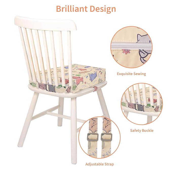 Booster Seat for Dining Table, Stronger Support Double Safe Straps Booster Seat for Kitchen Chair, Non-Slip Bottom Portable Travel Chair Cushion for Kids (Beige Cat)