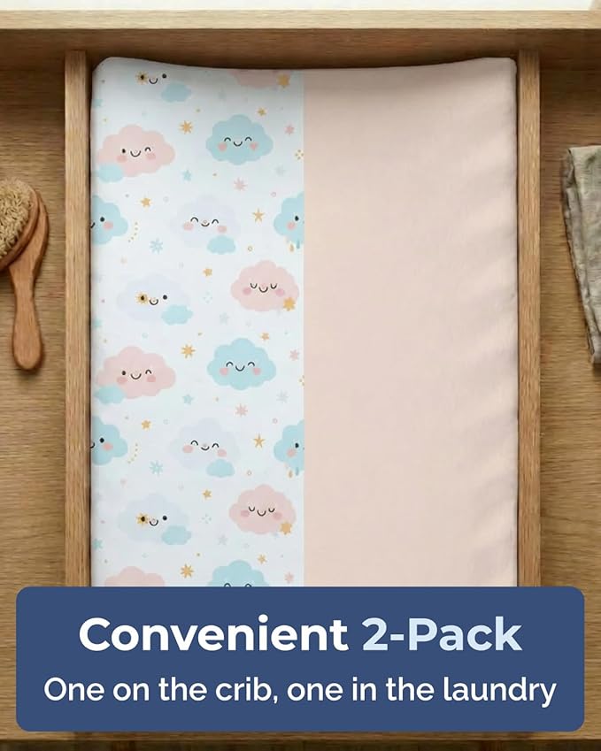 Changing Pad Cover - Pack of 2 Soft Unisex Diaper Change Microfiber Table Sheets - Fits 32"x16" Contoured Pad - Changing Pad Cover for Baby Boys and Girls - Machine Washable - Oeko-Tex, Happy Clouds