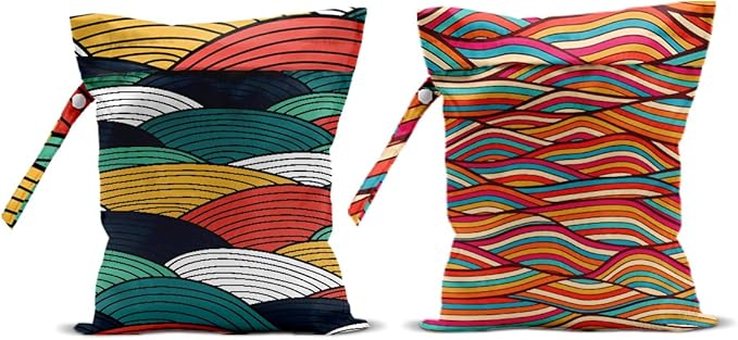 2Pcs Wave Print Wet Bags, Wet Dry Bag Reusable for Swimsuit, Travel, Diapers, Pool, Beach, Dirty Yoga Gym Clothes, Toiletries, Makeup Bag, Zipper Pouch Waterproof Birthday Christmas Gifts