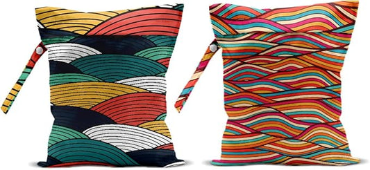 2Pcs Wave Print Wet Bags, Wet Dry Bag Reusable for Swimsuit, Travel, Diapers, Pool, Beach, Dirty Yoga Gym Clothes, Toiletries, Makeup Bag, Zipper Pouch Waterproof Birthday Christmas Gifts